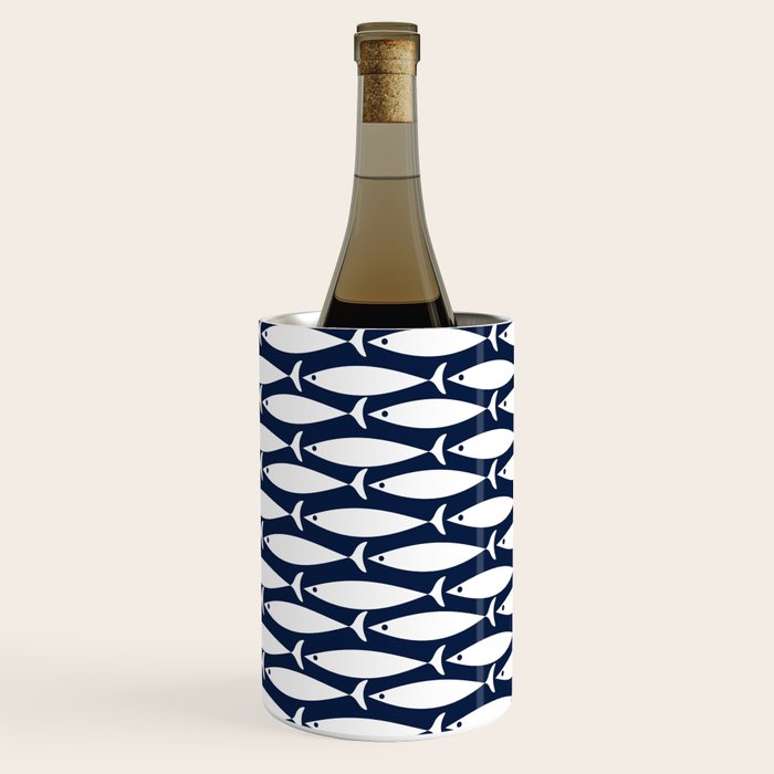 Mid-Century Modern Fish Pattern in Nautical Navy Blue and White Wine Chiller Gallery Image 3