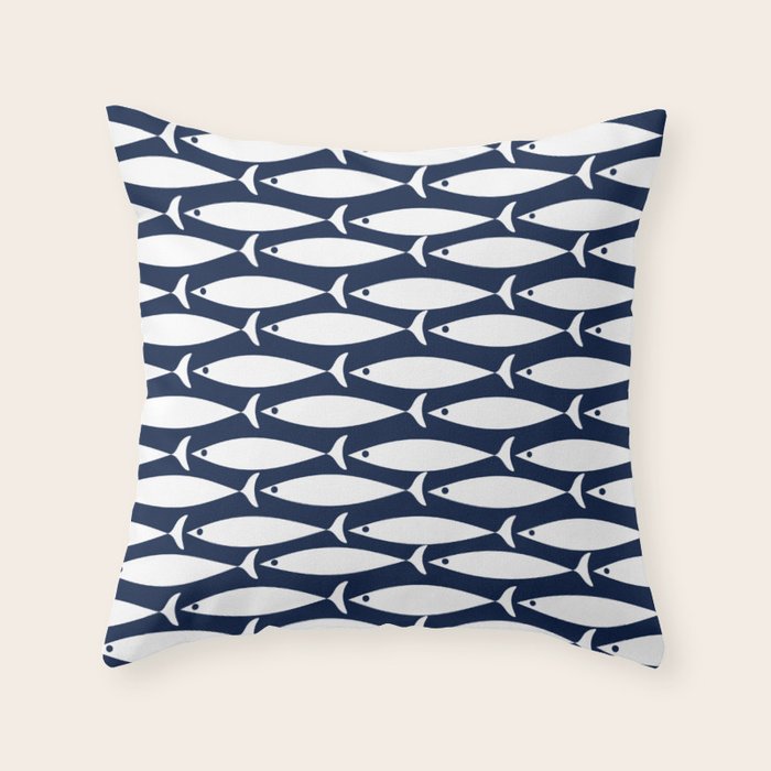 Mid-Century Modern Fish Pattern in Nautical Navy Blue and White Throw Pillow Gallery Image 1