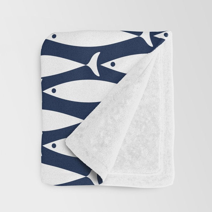 Mid-Century Modern Fish Pattern in Nautical Navy Blue and White Throw Blanket Gallery Image 3