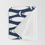 Mid-Century Modern Fish Pattern in Nautical Navy Blue and White Throw Blanket Gallery Image 3