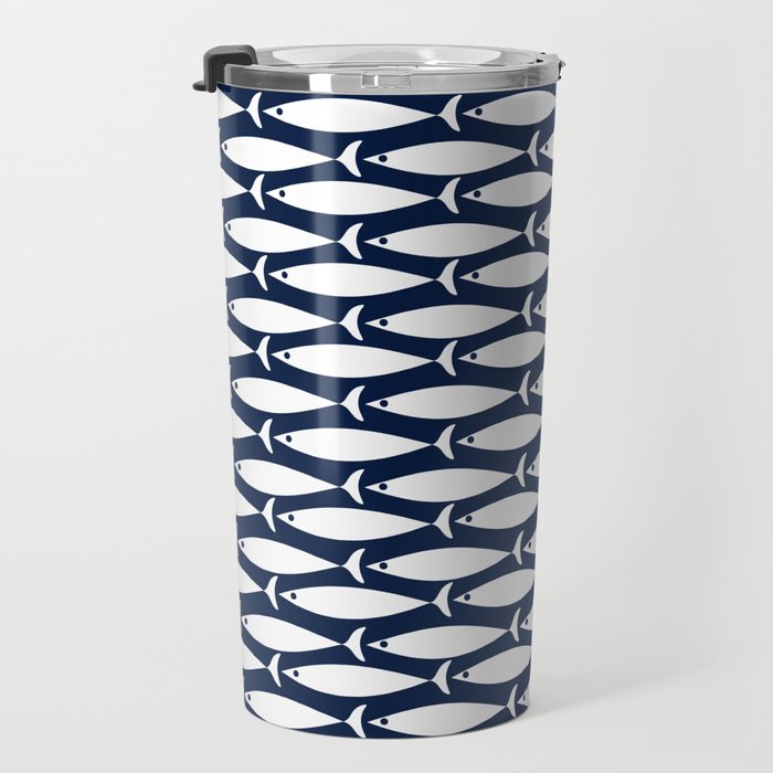Mid-Century Modern Fish Pattern in Nautical Navy Blue and White Travel Mug Gallery Image 3