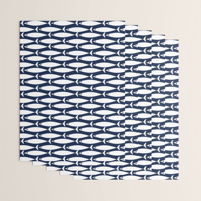 Mid-Century Modern Fish Pattern in Nautical Navy Blue and White Wrapping Paper Gallery Image 3