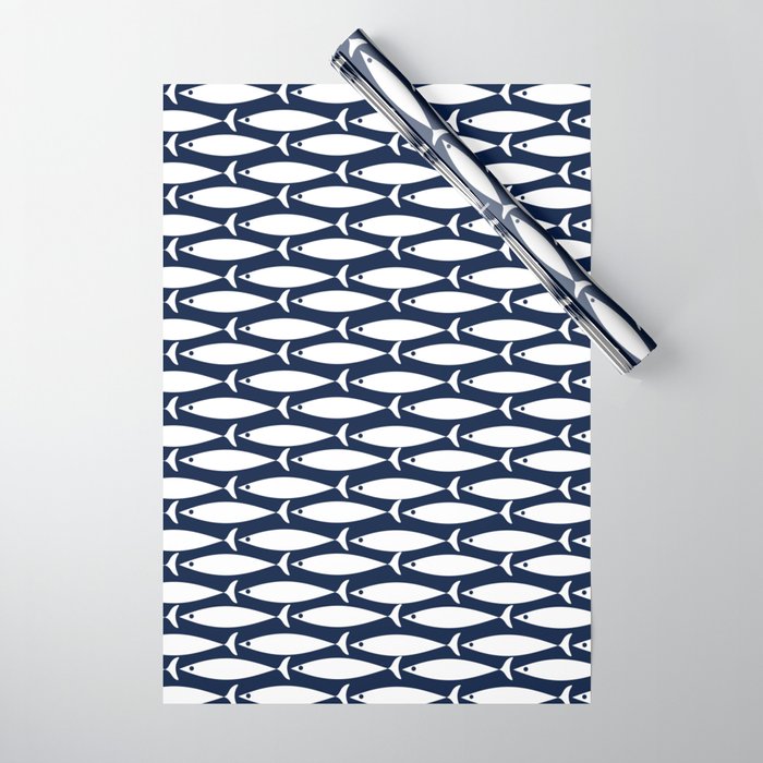 Mid-Century Modern Fish Pattern in Nautical Navy Blue and White Wrapping Paper Gallery Image 1
