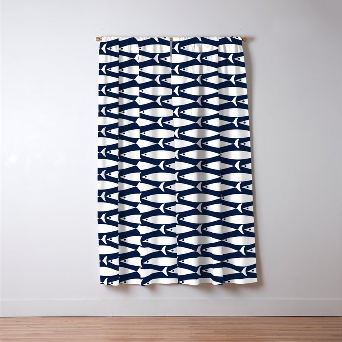 Mid-Century Modern Fish Pattern in Nautical Navy Blue and White Window Curtain Gallery Image 3