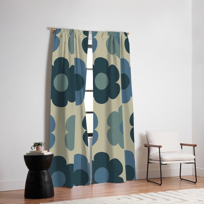 Such Cute Flowers Retro Floral Pattern in Muted Vintage Blue and Beige Window Curtain Gallery Image 2