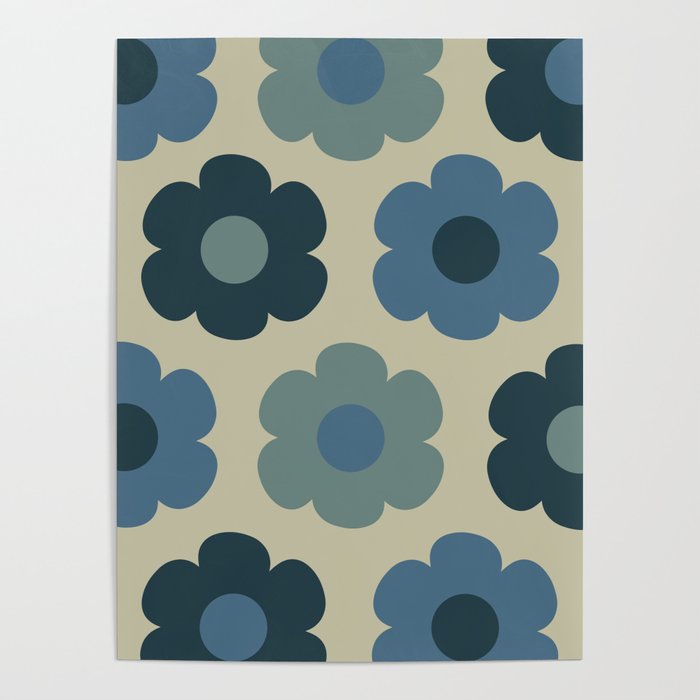 Such Cute Flowers Retro Floral Pattern in Muted Vintage Blue and Beige Poster Gallery Image 1