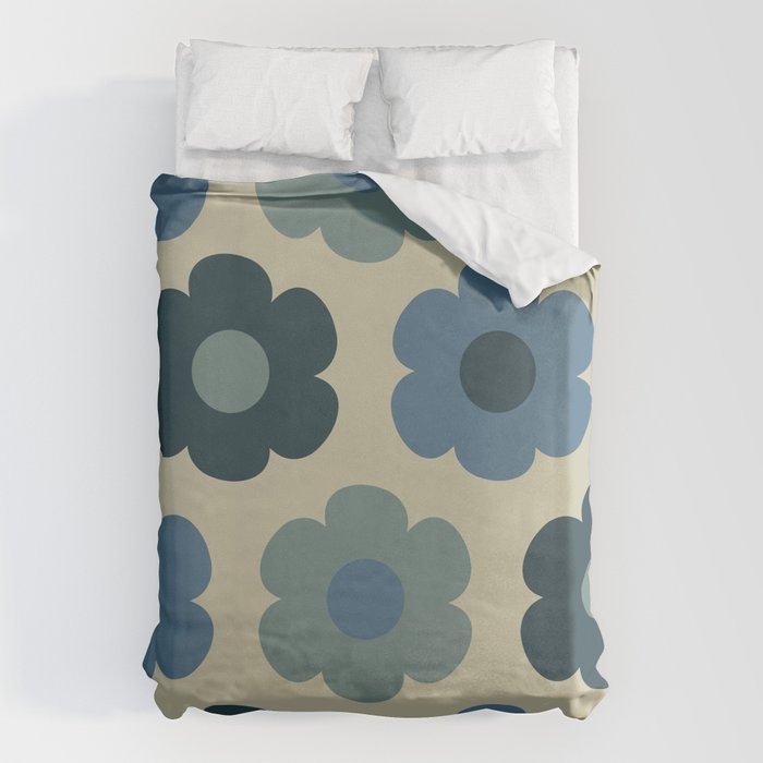 Such Cute Flowers Retro Floral Pattern in Muted Vintage Blue and Beige Duvet Cover Gallery Image 1