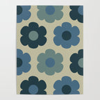 Such Cute Flowers Retro Floral Pattern in Muted Vintage Blue and Beige Poster Gallery Image 4