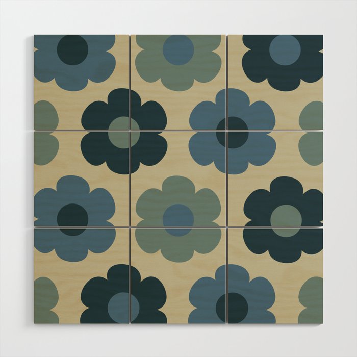 Such Cute Flowers Retro Floral Pattern in Muted Vintage Blue and Beige Wood Wall Art Gallery Image 1
