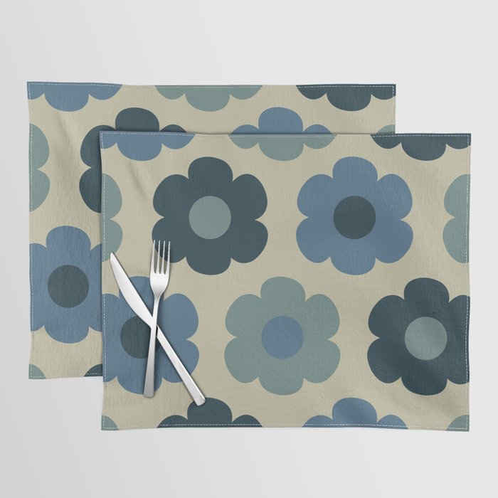 Such Cute Flowers Retro Floral Pattern in Muted Vintage Blue and Beige Placemat Gallery Image 1