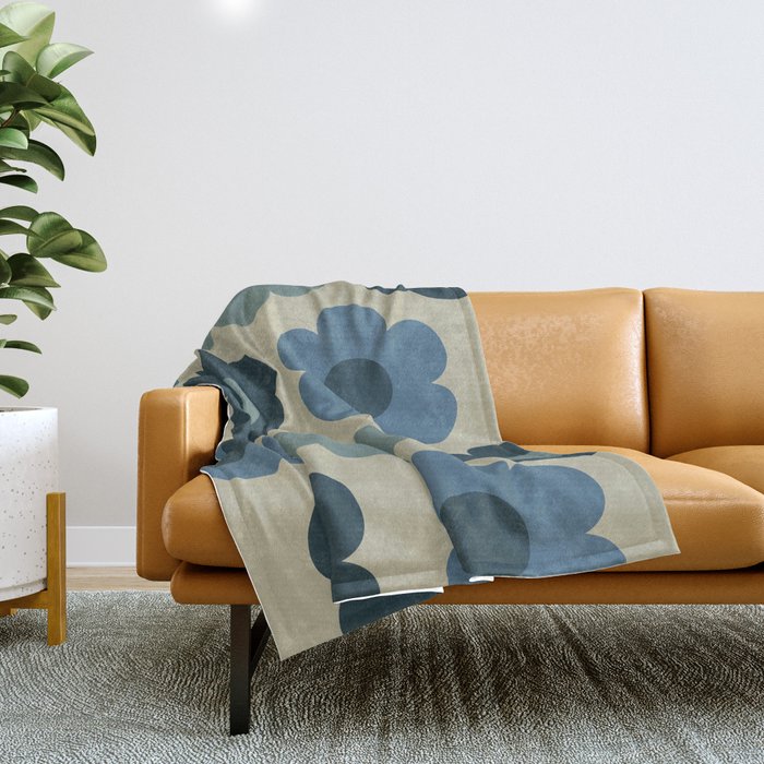Such Cute Flowers Retro Floral Pattern in Muted Vintage Blue and Beige Throw Blanket Gallery Image 1