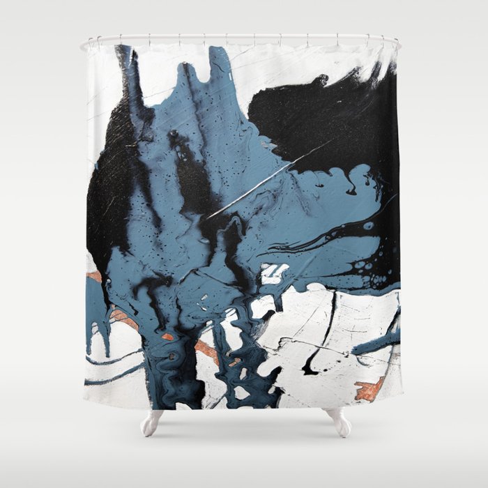 Black Diamond: A minimal, abstract mixed-media piece in black and blue by Alyssa Hamilton Art Shower Curtain Gallery Image 1