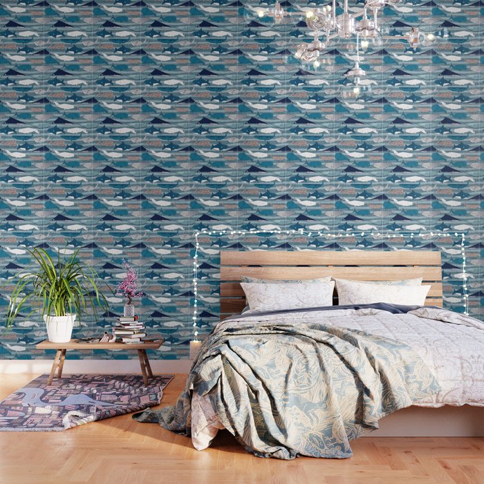 Origami Sea // linen texture and nautical stripes background teal white and taupe whales Wallpaper Gallery Image 3