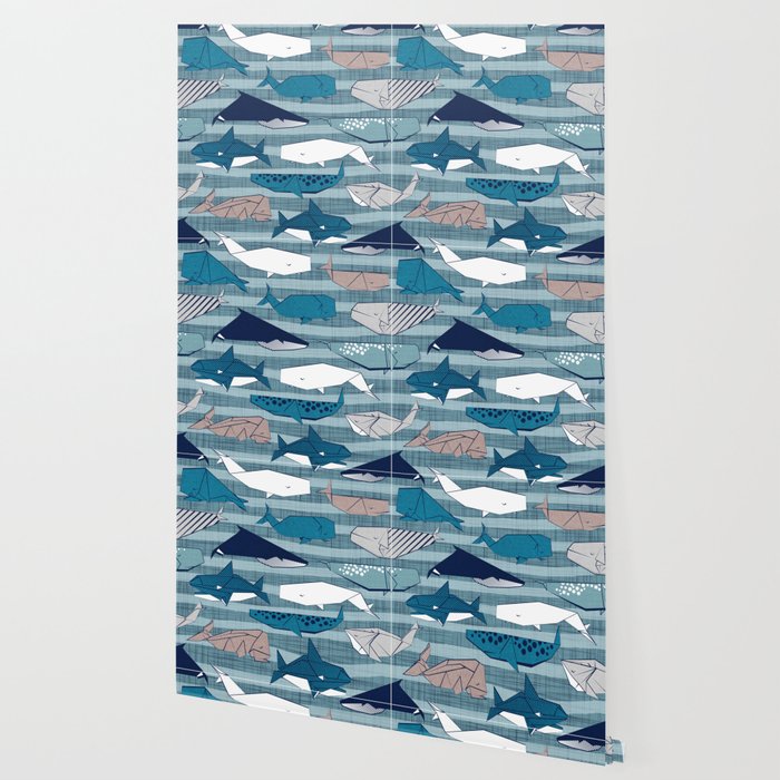Origami Sea // linen texture and nautical stripes background teal white and taupe whales Wallpaper Gallery Image 2
