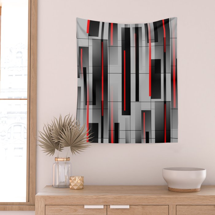 Off the Grid - Abstract - Gray, Black, Red Wall Tapestry Gallery Image 2