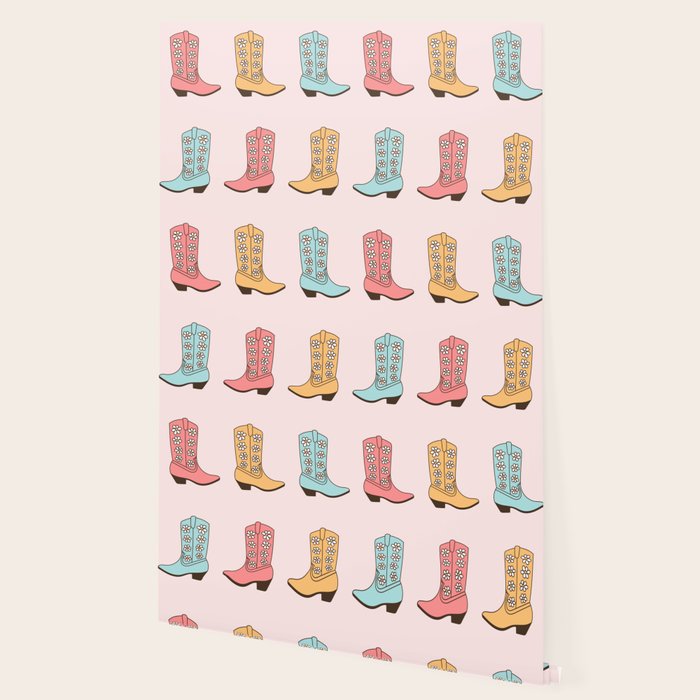 Cowgirl Boots and Daisies, Blush Pink, Mint, Cute Pastel Cowboy Pattern Wallpaper Gallery Image 2