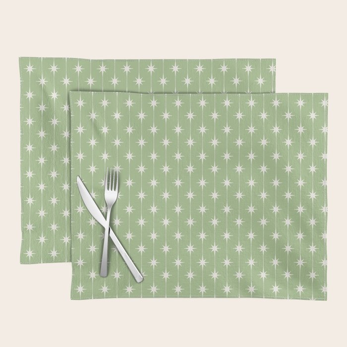 Midcentury Stars and Dots Light Sage Green and Cream Pattern Placemat Gallery Image 1