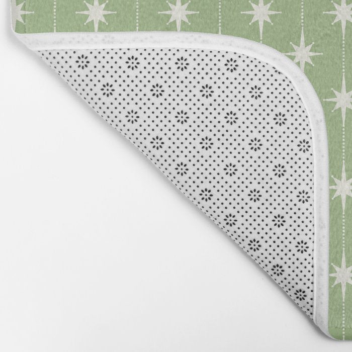 Midcentury Stars and Dots Light Sage Green and Cream Pattern Bath Mat Gallery Image 2