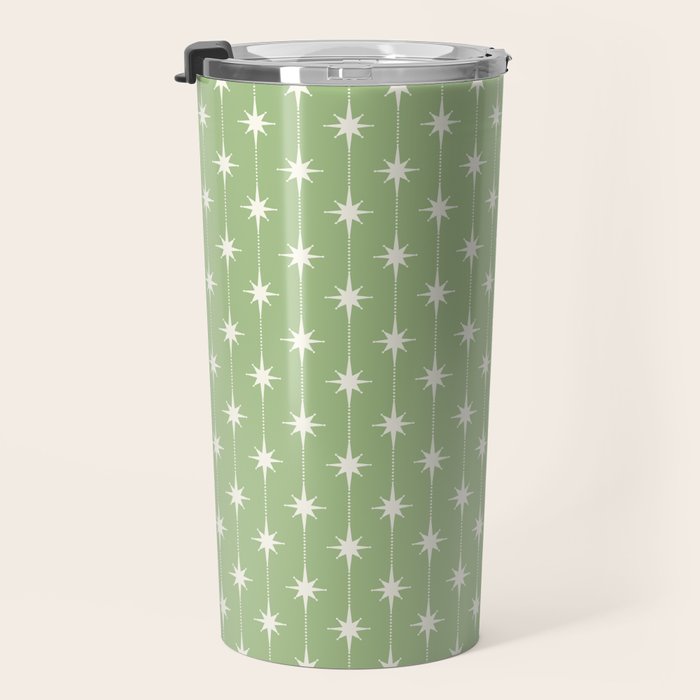 Midcentury Stars and Dots Light Sage Green and Cream Pattern Travel Mug Gallery Image 3
