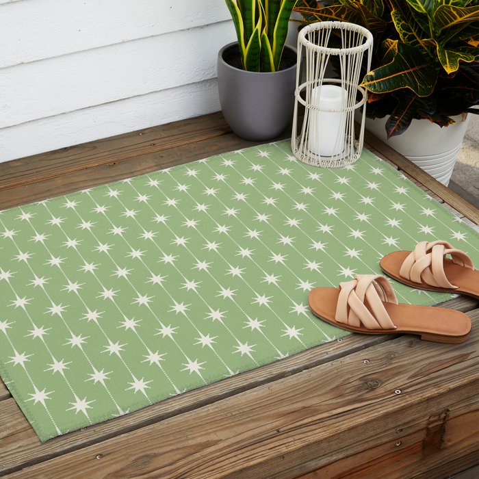 Midcentury Stars and Dots Light Sage Green and Cream Pattern Outdoor Rug Gallery Image 2