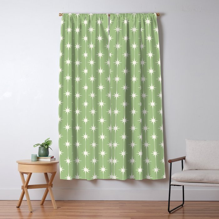 Midcentury Stars and Dots Light Sage Green and Cream Pattern Window Curtain Gallery Image 5