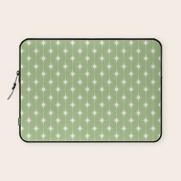 Midcentury Stars and Dots Light Sage Green and Cream Pattern Laptop Sleeve Gallery Image 1