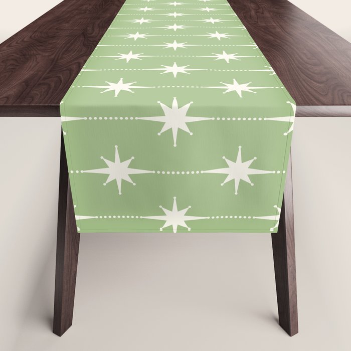 Midcentury Stars and Dots Light Sage Green and Cream Pattern Table Runner Gallery Image 1