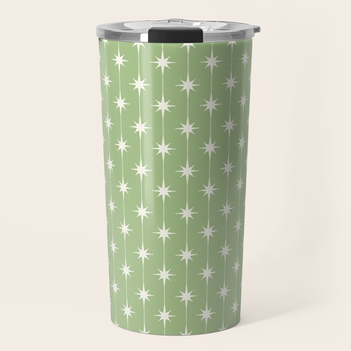 Midcentury Stars and Dots Light Sage Green and Cream Pattern Travel Mug Gallery Image 1