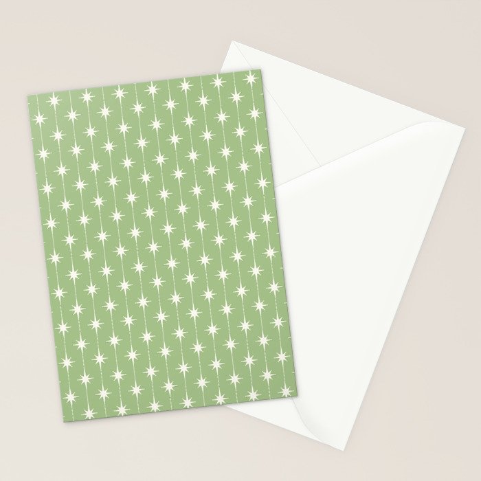 Midcentury Stars and Dots Light Sage Green and Cream Pattern Stationery Card Gallery Image 2