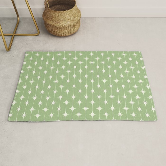 Midcentury Stars and Dots Light Sage Green and Cream Pattern Rug Gallery Image 1