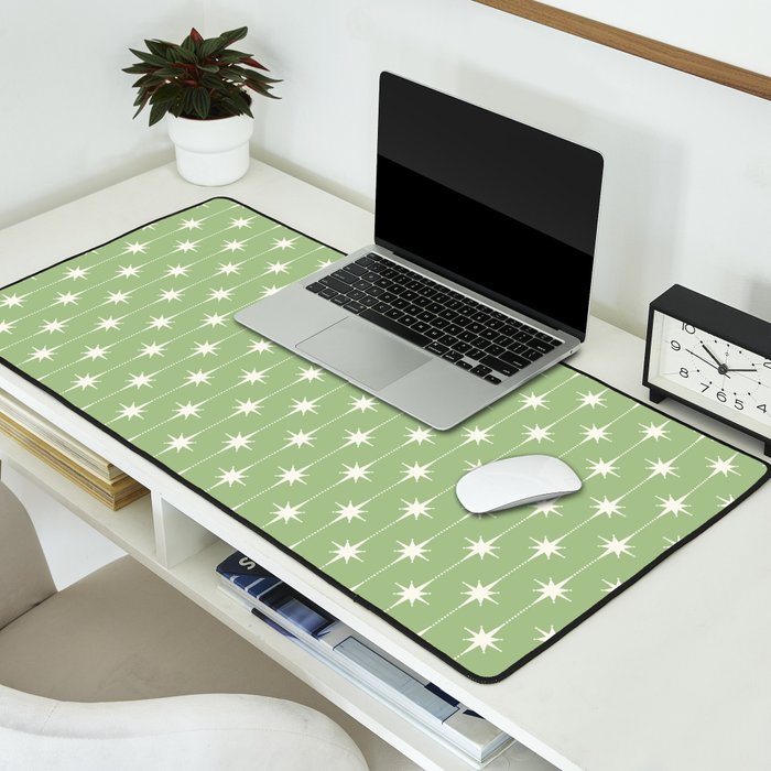 Midcentury Stars and Dots Light Sage Green and Cream Pattern Desk Mat Gallery Image 2