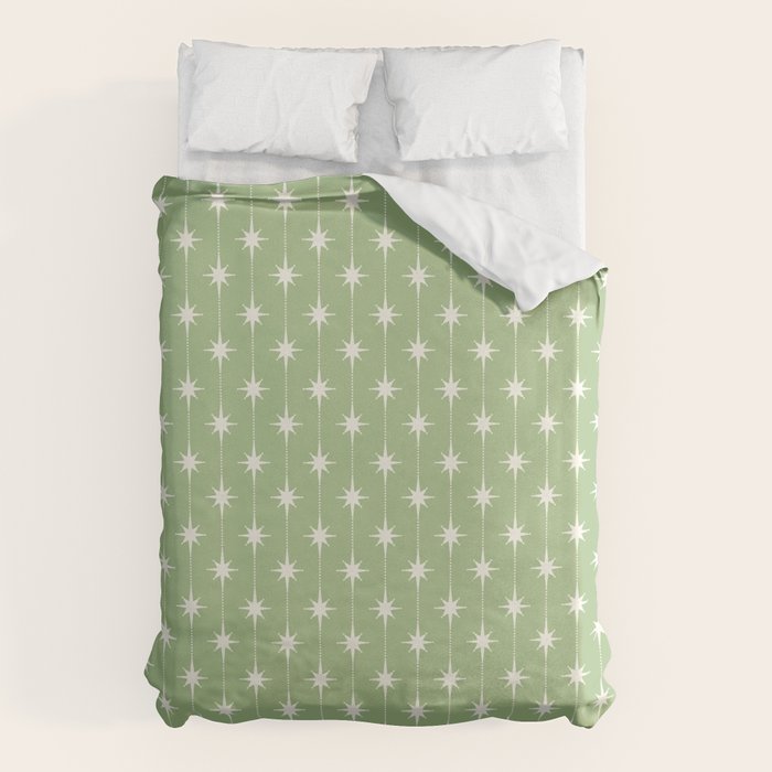 Midcentury Stars and Dots Light Sage Green and Cream Pattern Duvet Cover Gallery Image 1