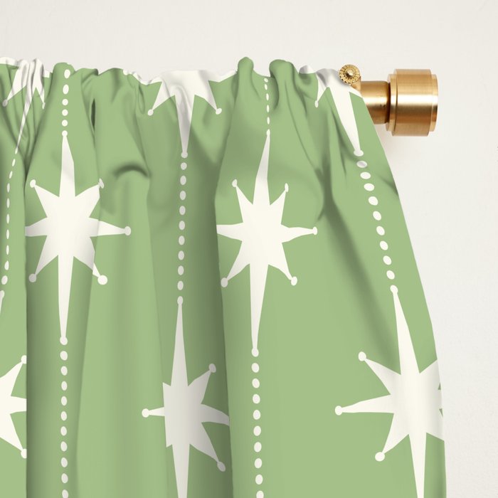 Midcentury Stars and Dots Light Sage Green and Cream Pattern Window Curtain Gallery Image 2