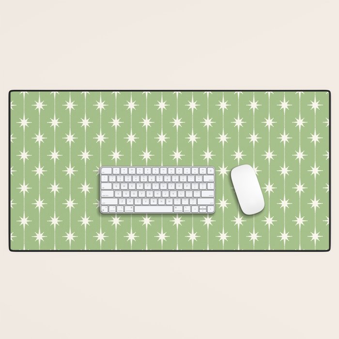 Midcentury Stars and Dots Light Sage Green and Cream Pattern Desk Mat Gallery Image 1
