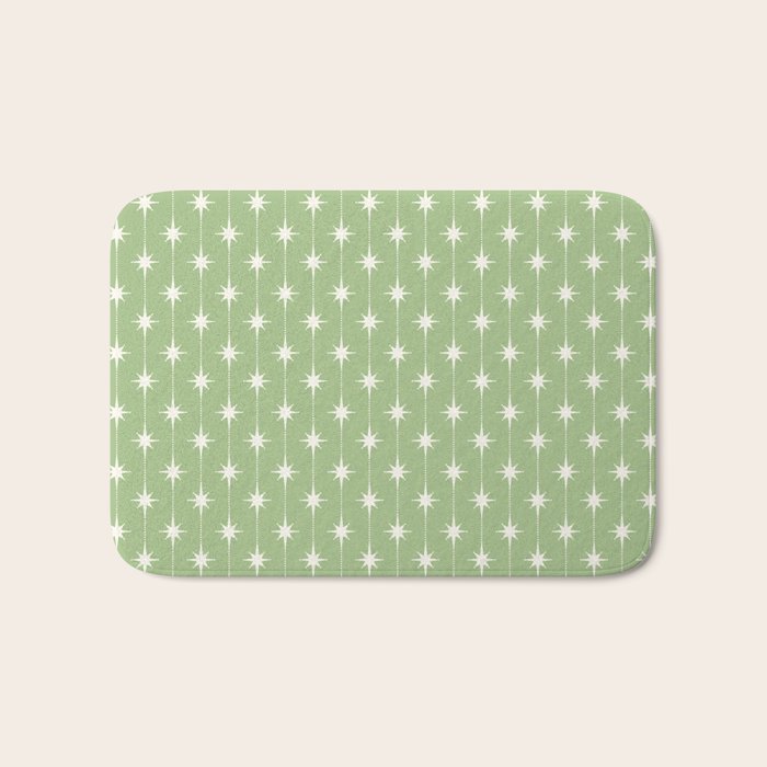 Midcentury Stars and Dots Light Sage Green and Cream Pattern Bath Mat Gallery Image 1