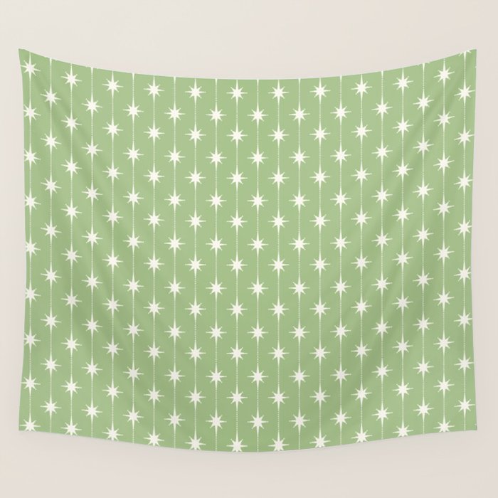 Midcentury Stars and Dots Light Sage Green and Cream Pattern Wall Tapestry Gallery Image 4
