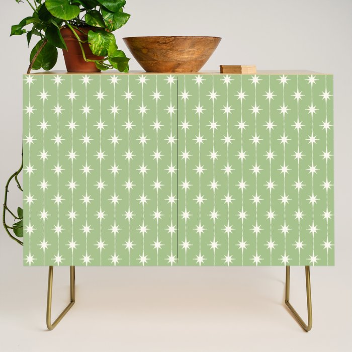 Midcentury Stars and Dots Light Sage Green and Cream Pattern Credenza Gallery Image 1