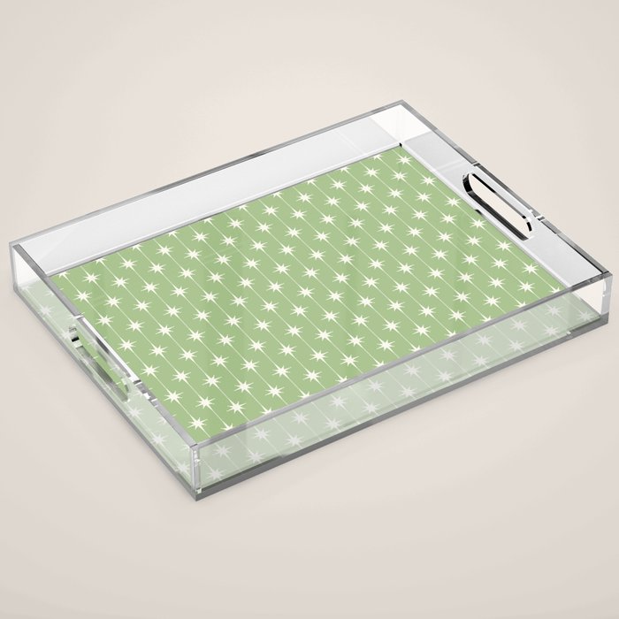 Midcentury Stars and Dots Light Sage Green and Cream Pattern Acrylic Tray Gallery Image 1