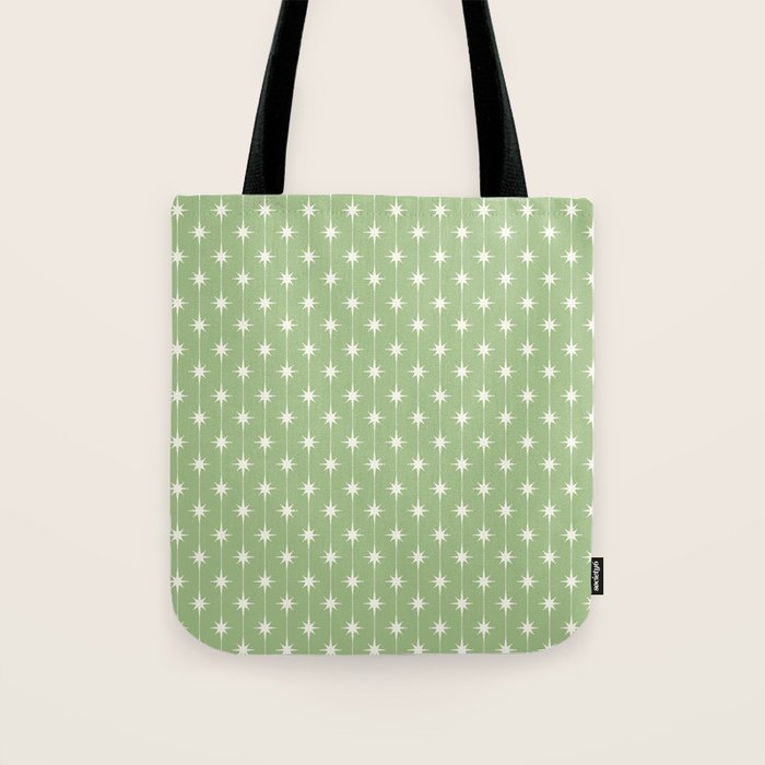Midcentury Stars and Dots Light Sage Green and Cream Pattern Tote Bag Gallery Image 1