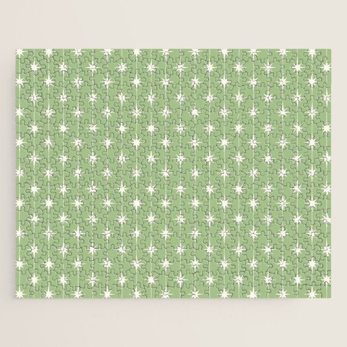 Midcentury Stars and Dots Light Sage Green and Cream Pattern Jigsaw Puzzle Gallery Image 1