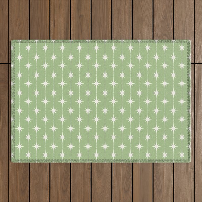 Midcentury Stars and Dots Light Sage Green and Cream Pattern Outdoor Rug Gallery Image 1