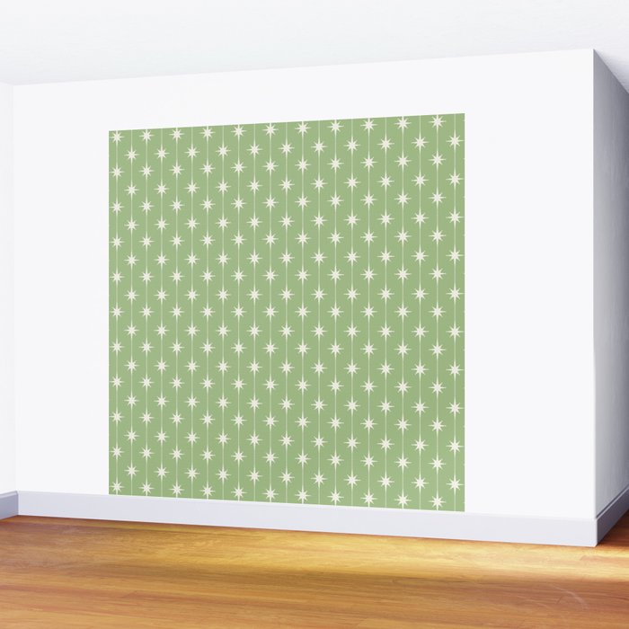 Midcentury Stars and Dots Light Sage Green and Cream Pattern Wall Mural Gallery Image 2