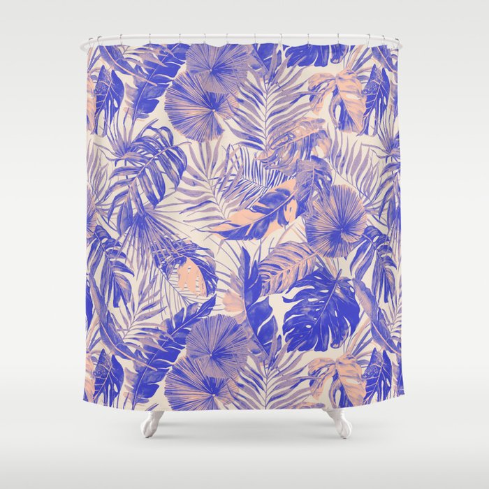 Blue and pink leafy jungle J Shower Curtain Gallery Image 1