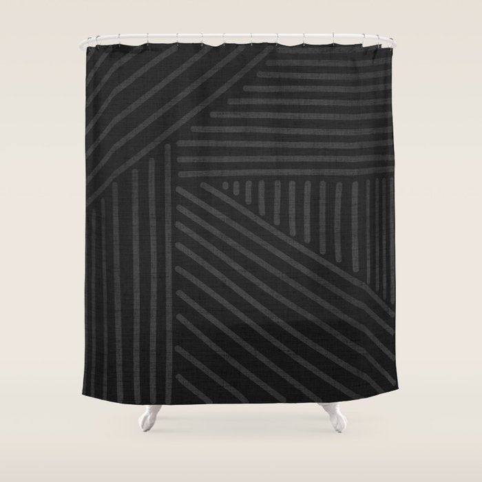 Charcoal grey line work on textured cloth - abstract geometric pattern Shower Curtain Gallery Image 1