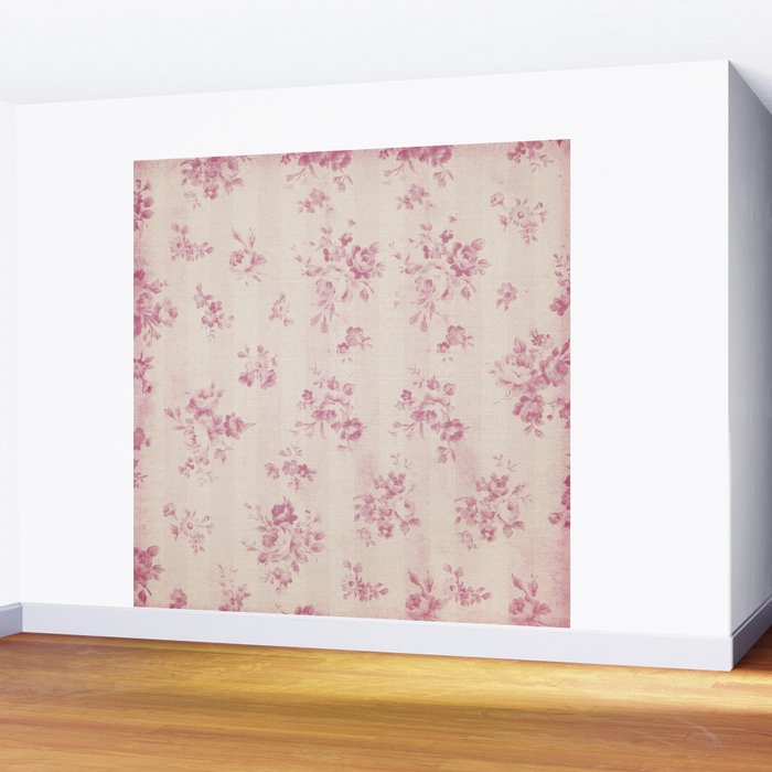 Elegant blush pink white rustic floral vintage stripes Wall Mural Gallery Image 2