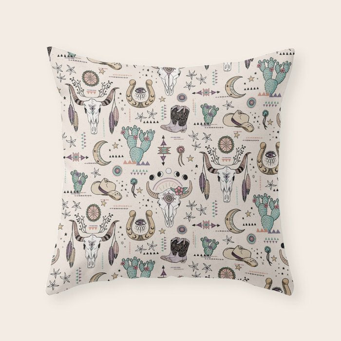Boho Tribal Cowgirl Ephemera - cream Throw Pillow Gallery Image 6