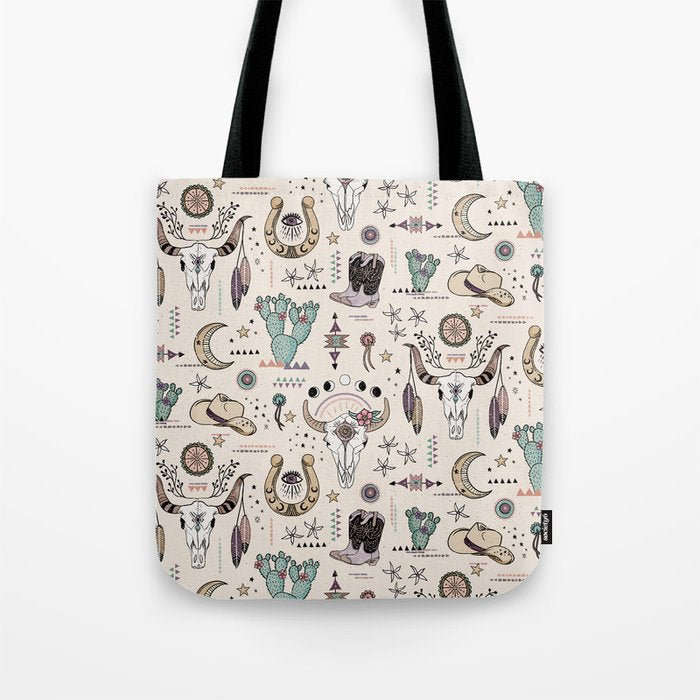 Boho Tribal Cowgirl Ephemera - cream Tote Bag Gallery Image 1
