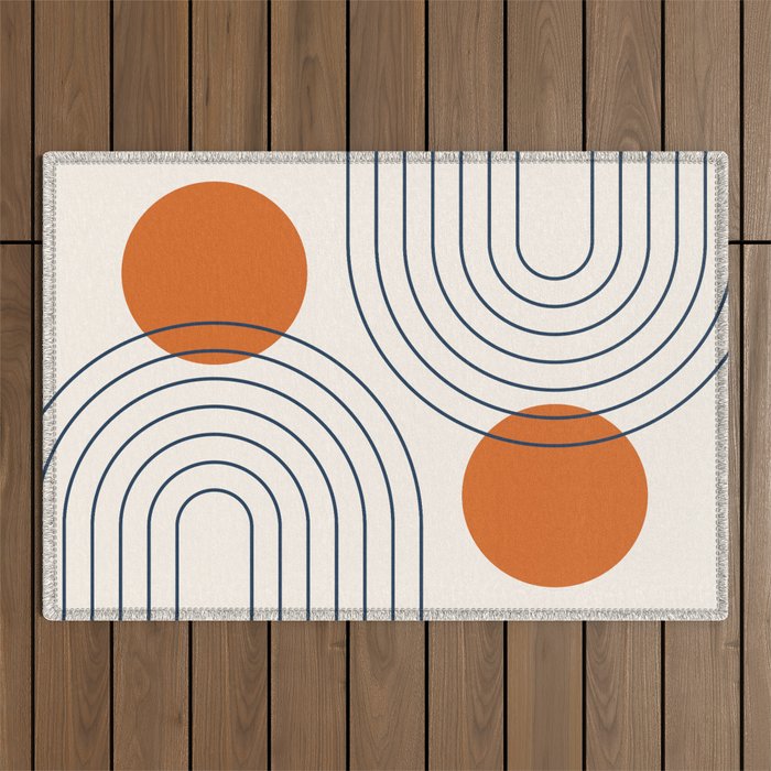 Mid Century Modern Geometric 88 in Navy Blue and Orange (Rainbow and Sun Abstraction) Outdoor Rug Gallery Image 1