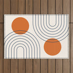 Mid Century Modern Geometric 88 in Navy Blue and Orange (Rainbow and Sun Abstraction) Outdoor Rug Gallery Image 1