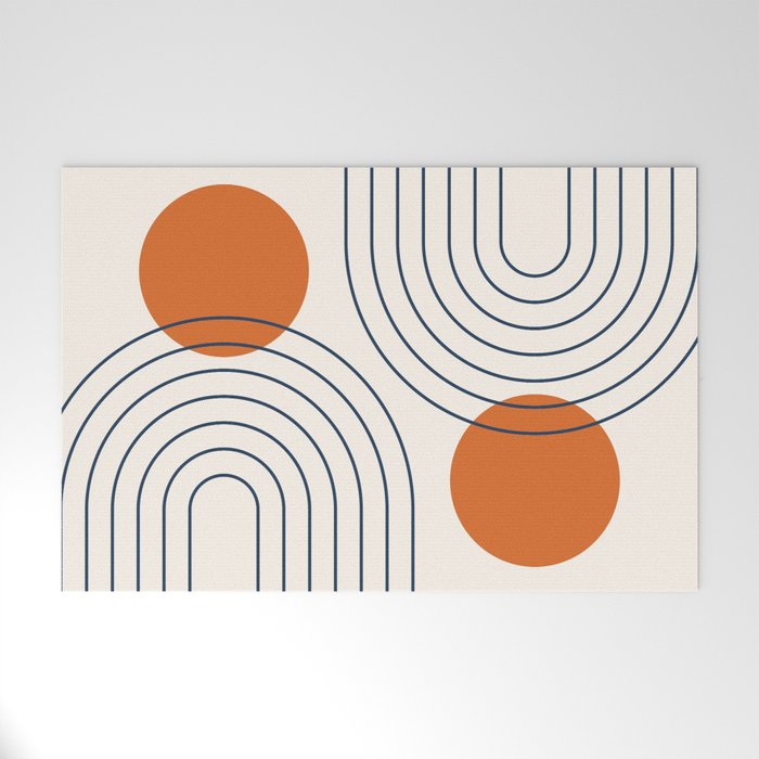 Mid Century Modern Geometric 88 in Navy Blue and Orange (Rainbow and Sun Abstraction) Welcome Mat Gallery Image 1